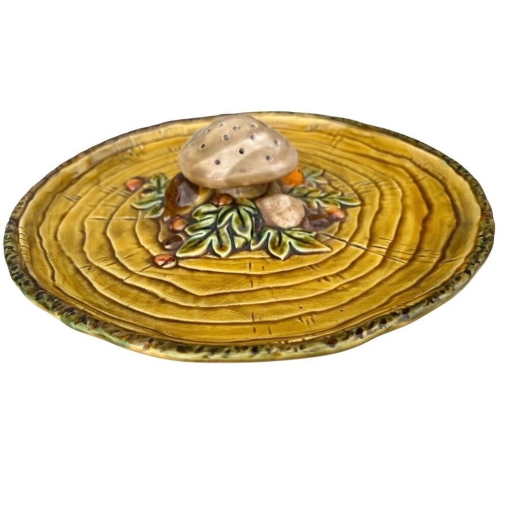 Lefton Merry Mushroom Appetizer Tray Yellow Ceramic Woodland Style 12” D Fairy